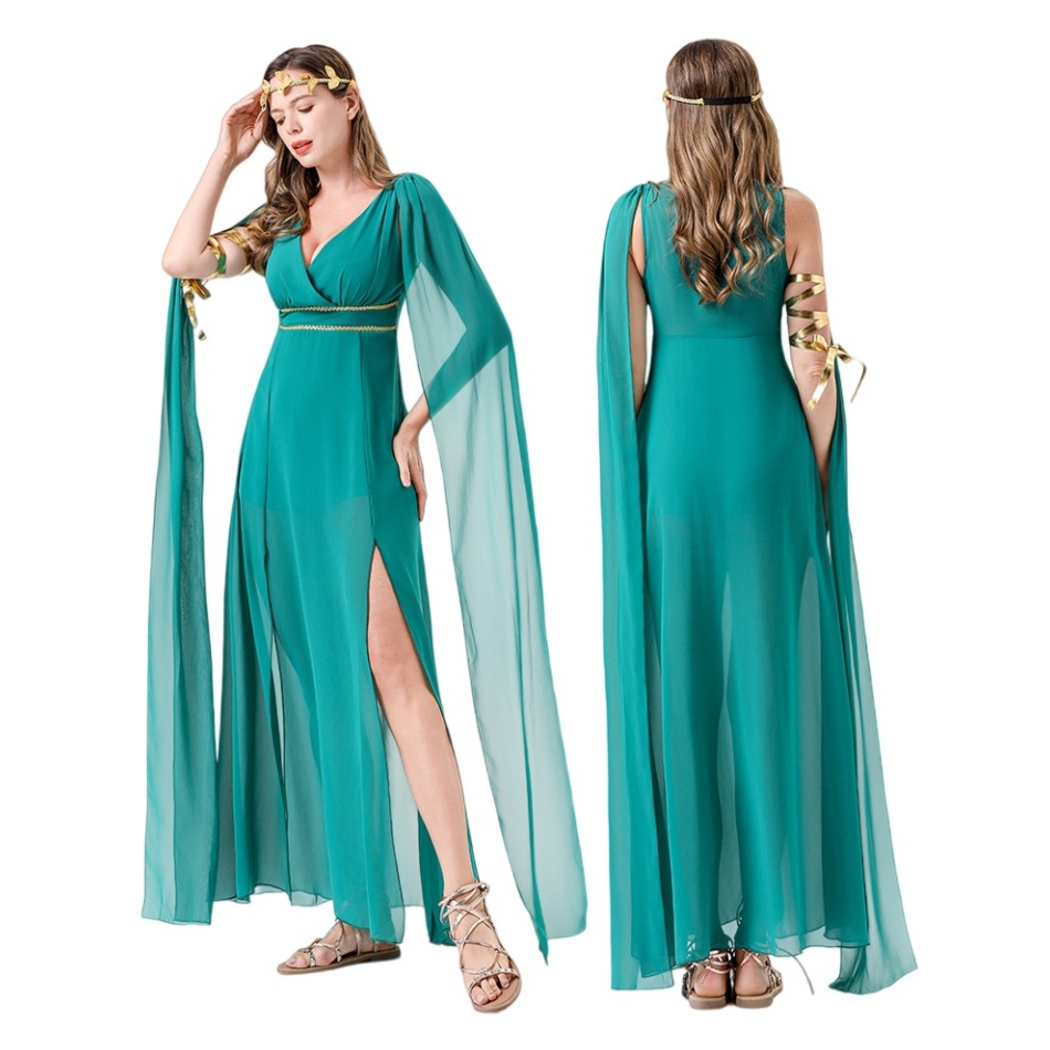 Halloween Cosplay Greek Goddess Dress - Green Chiffon Slit Maxi Gown